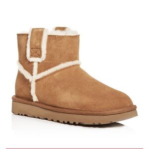 UGG Classic Mini Spill Seam Brown Shearling Booties with Cream Trim